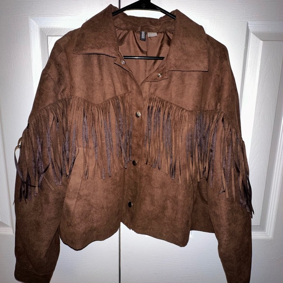 Fringe-Trimmed Oversized Jacket - Light Brown